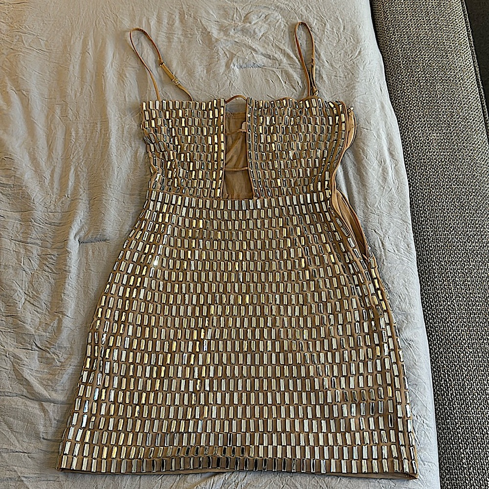 Alanni Embellished Cut-Out Mini Dress in Honey | Oh Polly